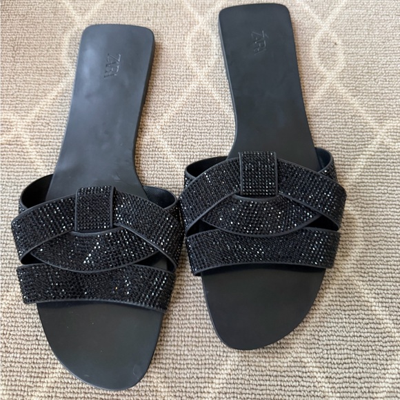 Zara Black Embellished Slide Sandals - Picture 1 of 3